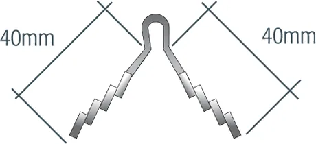 Esquema del esquinero Tapakan doblado en ángulo recto, con sus dos alas de 40 mm formando la esquina.